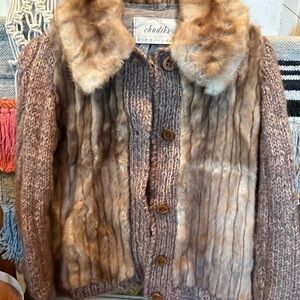 Chudicks real Fur and wool cable Knit Jacket size large women’s coat vintage 60s